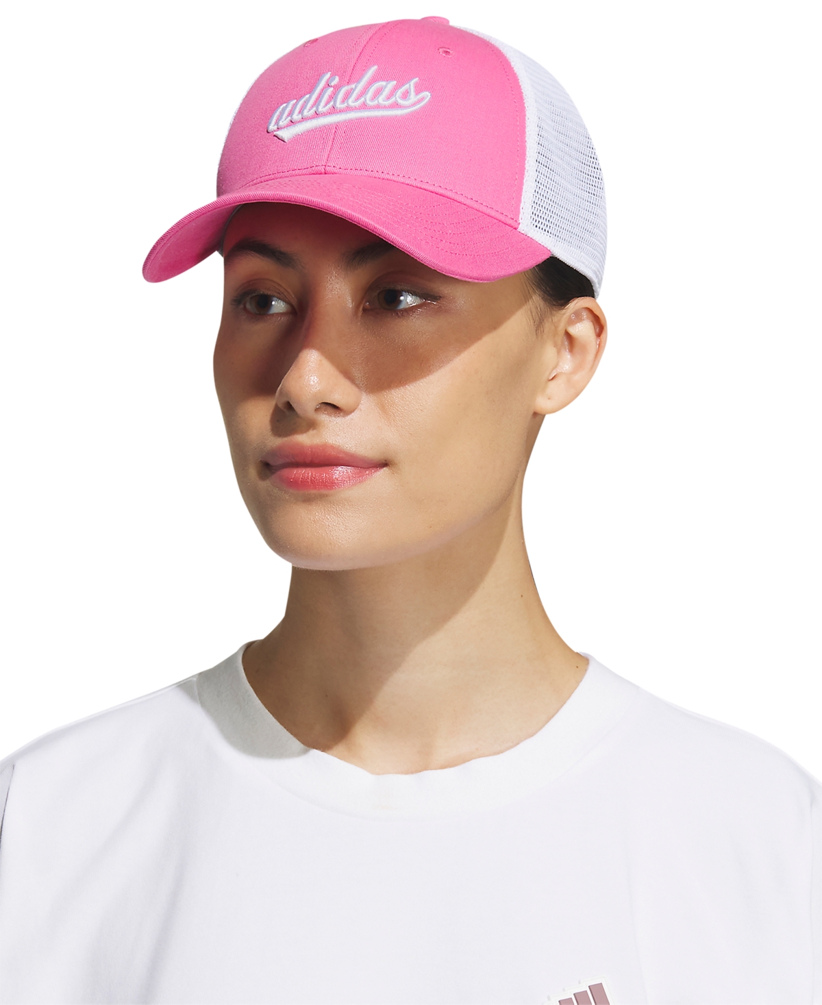 Shop Adidas Originals Women's Embroidered Logo Mesh Trucker Hat In Pulse Magenta Pink,white
