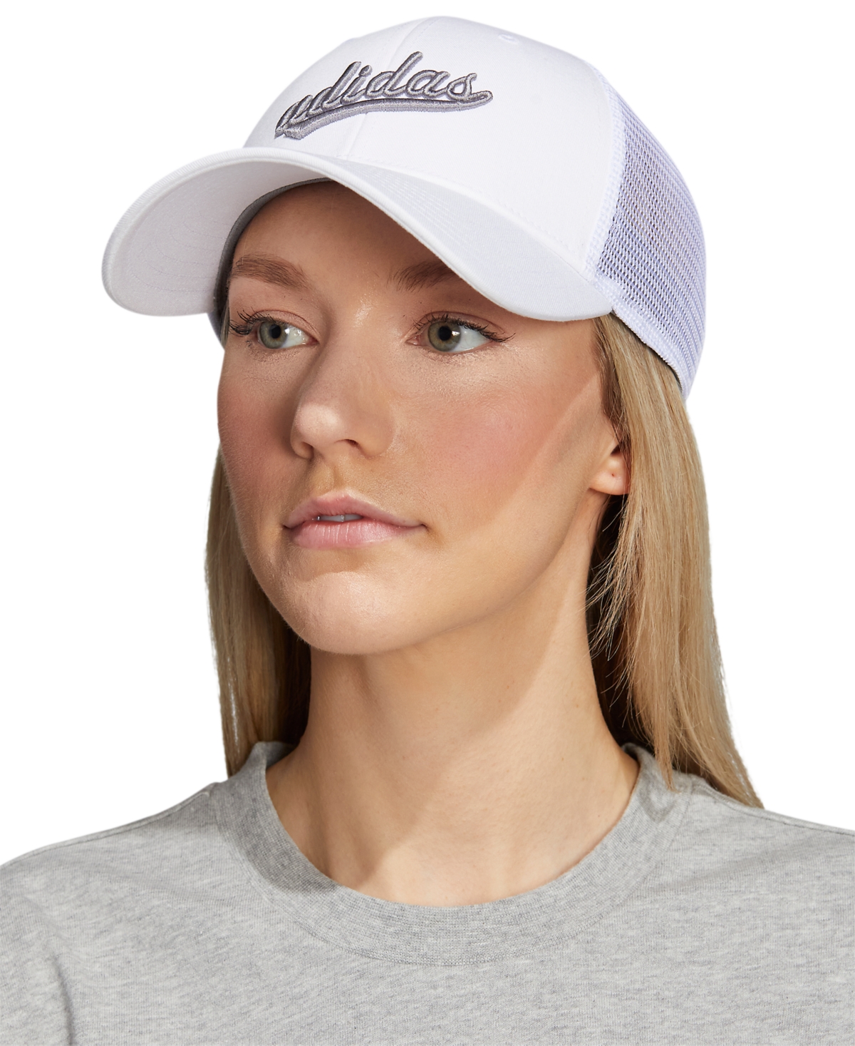 Shop Adidas Originals Women's Embroidered Logo Mesh Trucker Hat In White,grey