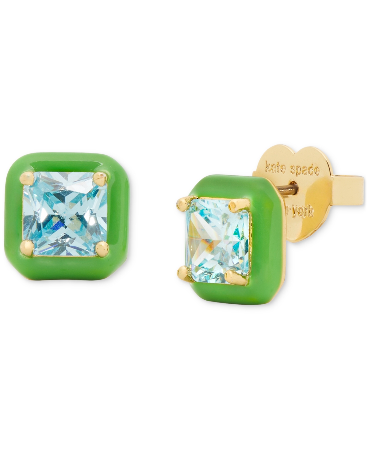 Gold-Tone Color Framed Square Cubic Zirconia Stud Earrings - Green. Mul