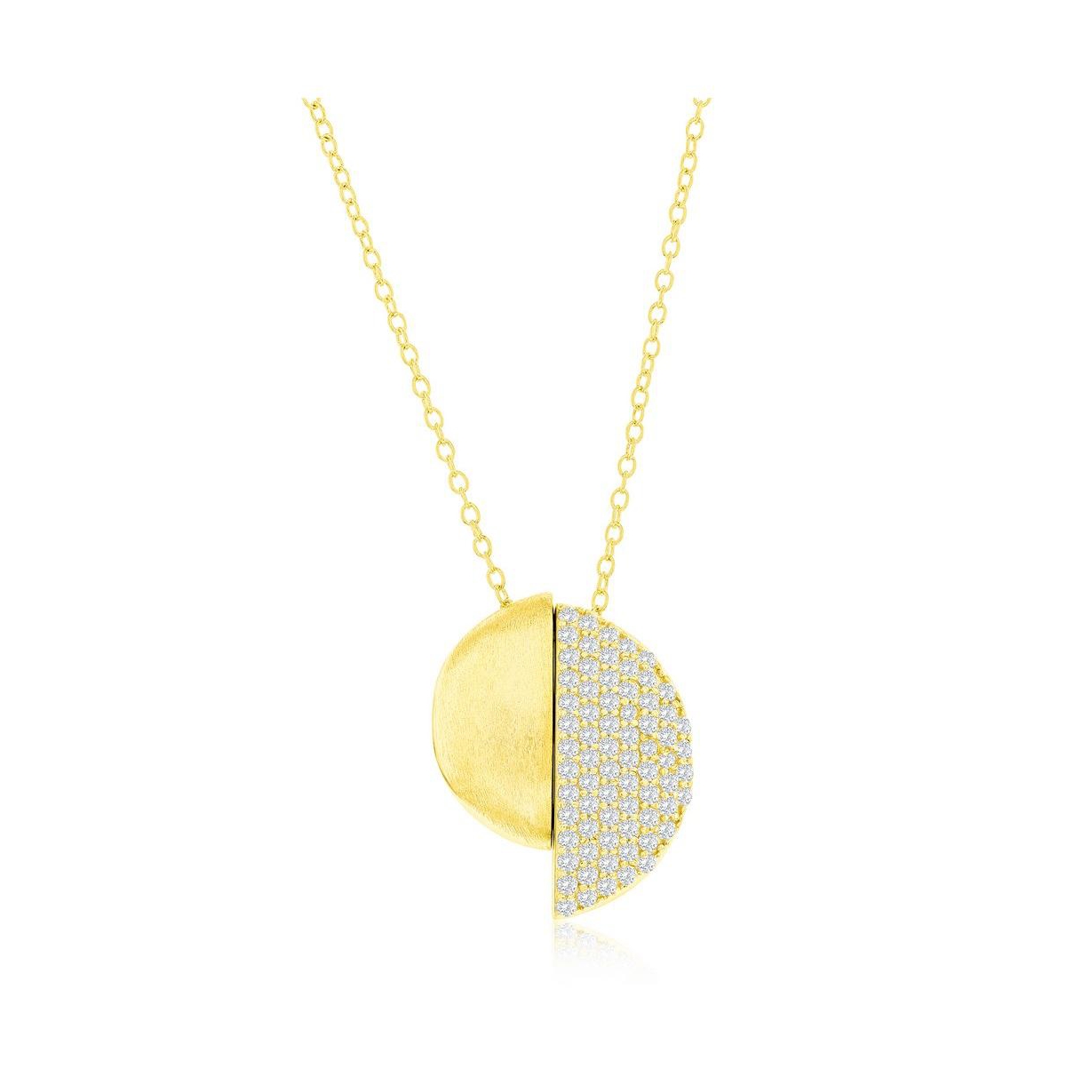 Gold Plated Over Sterling Silver Half Brushed Half Micro Pave Cz Necklace - Gold