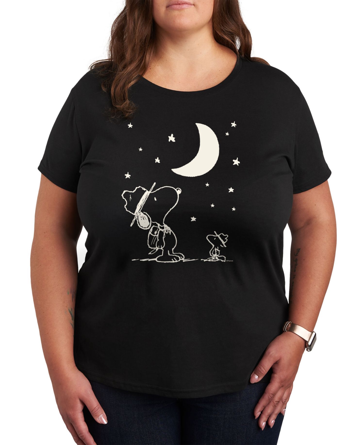 Trendy Plus Size Peanuts Snoopy & Woodstock Moon and Stars Graphic T-Shirt