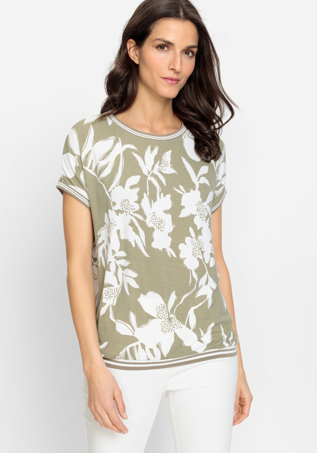 Women's Short Sleeve Abstract Floral Print T-Shirt containing Lenzing[Tm] Ecovero[Tm] Viscose - Light khaki