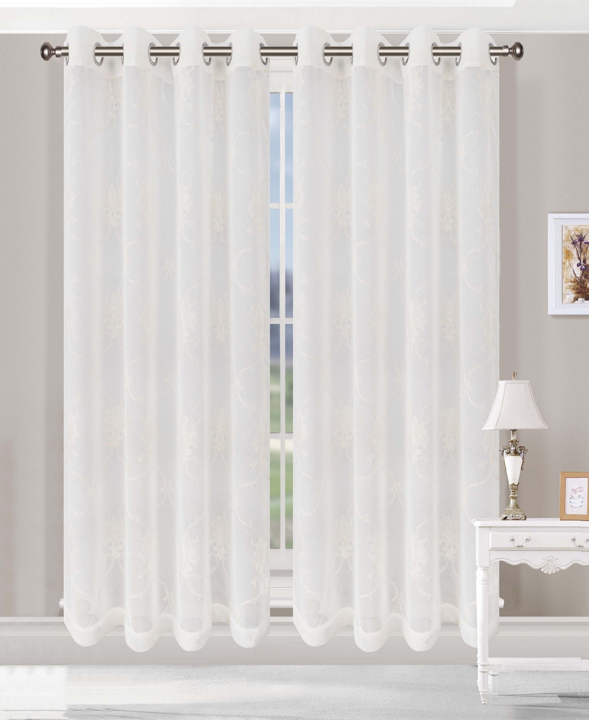 Superior Modern Embroidered Elegant Scroll Sheer 2-Piece Curtain Panels with Grommet Header Top, 52