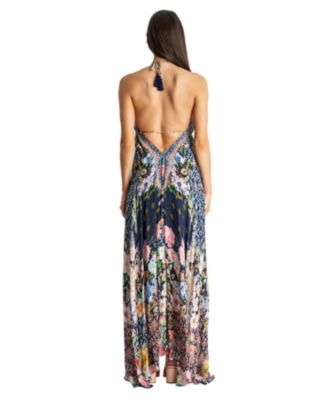 Women's Maxi Tropical Print Halterneck Dress