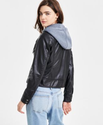 Juniors' Hooded Faux-Leather Moto Jacket, Created for Macy's