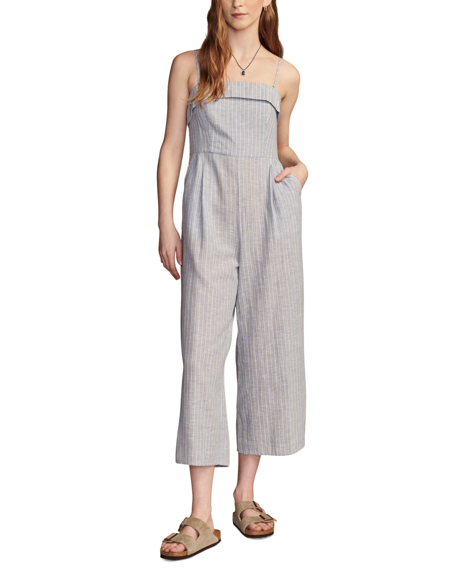 Women's Striped Strapless Cotton-Linen Cropped Jumpsuit
