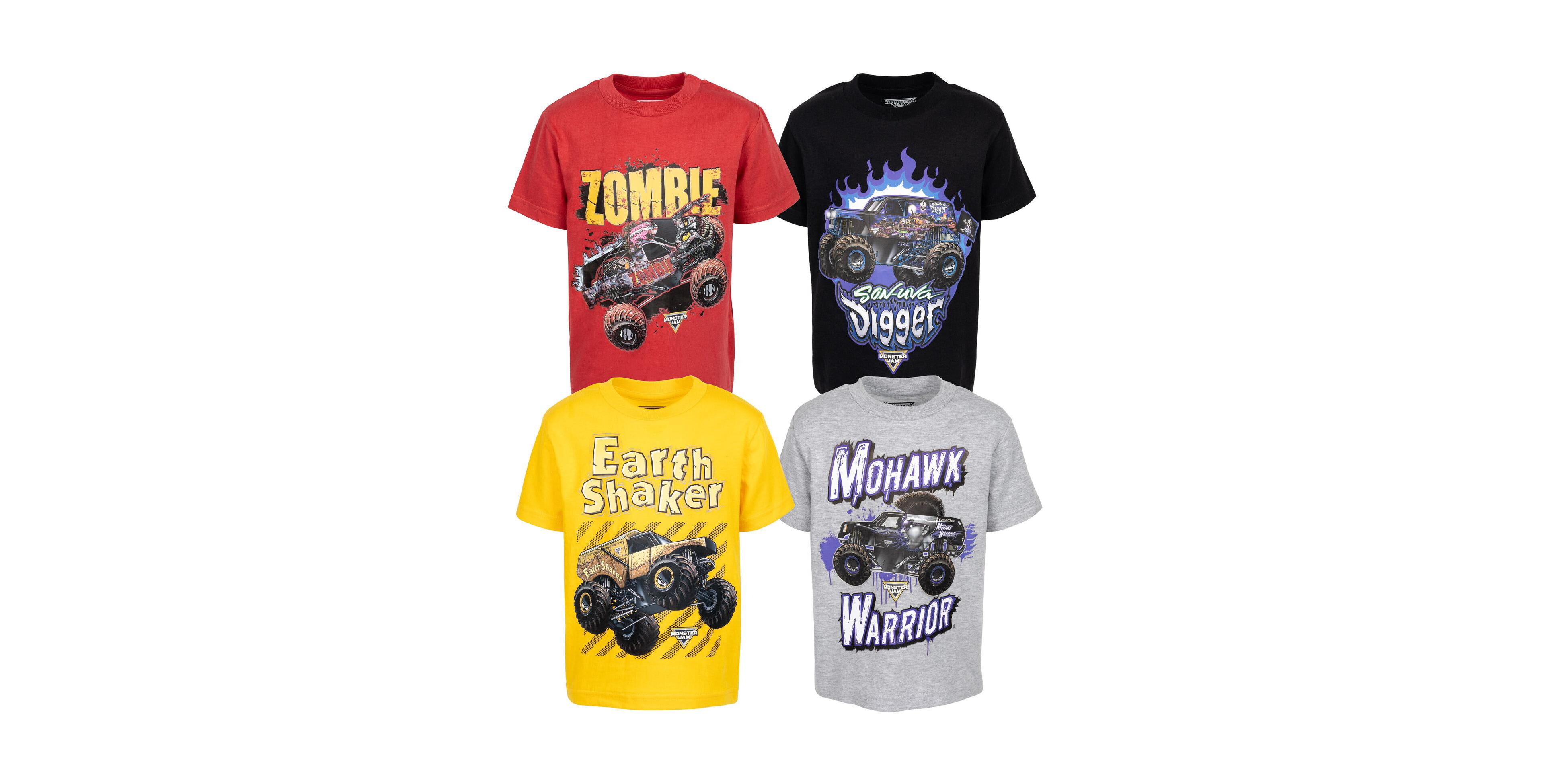 Monster Jam Boys Earth Shaker Zombie Grave Digger 4 Pack Graphic T-Shirts Red/Black/Yellow/Gray