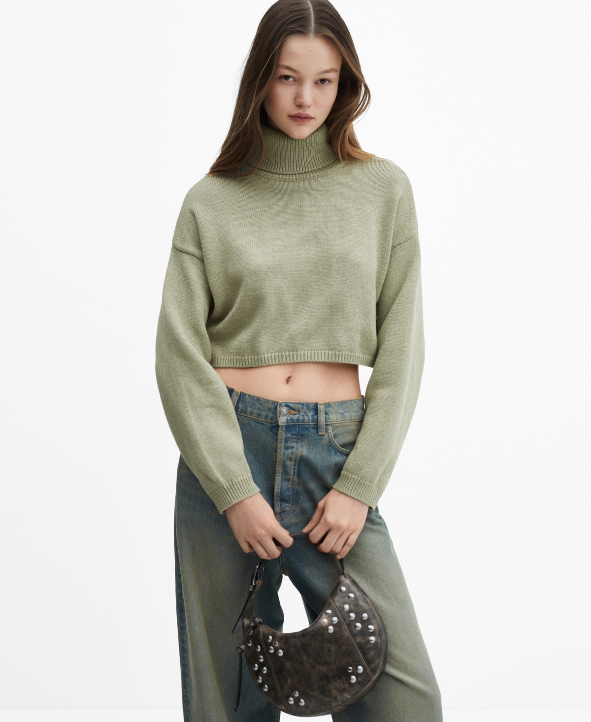 Women's Turtleneck Knitted Sweater - Beige - Khaki