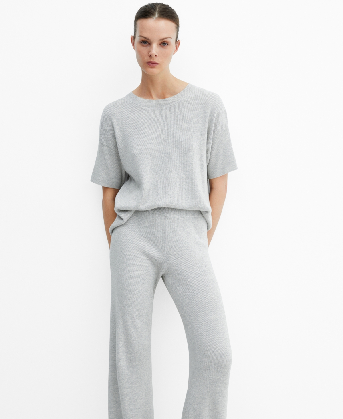 Shop Mango Women's Cotton Linen-blend Knit T-shirt In Light Heather Grey