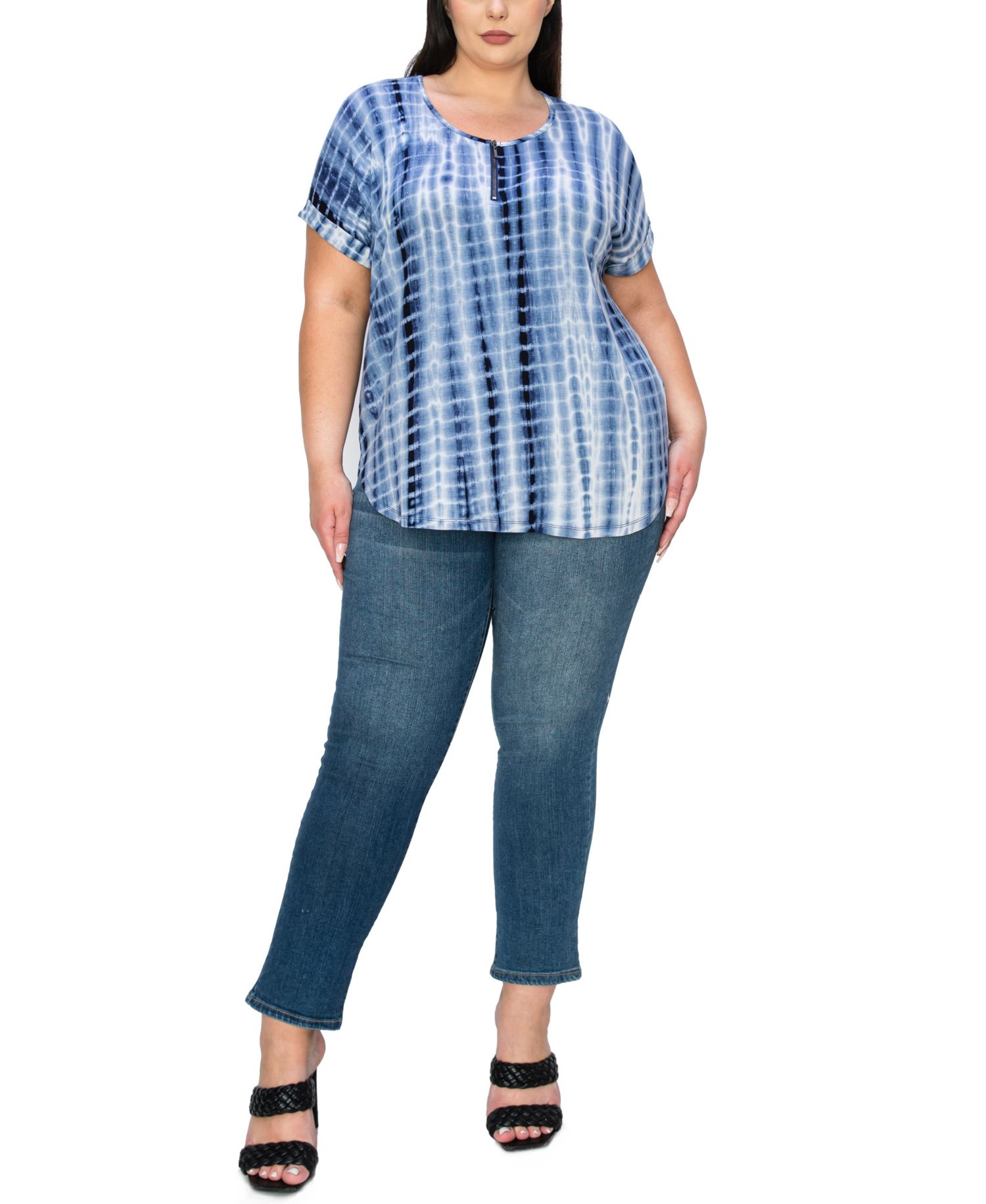 Plus Tie Dye Zip Front Roll Short Sleeve Top