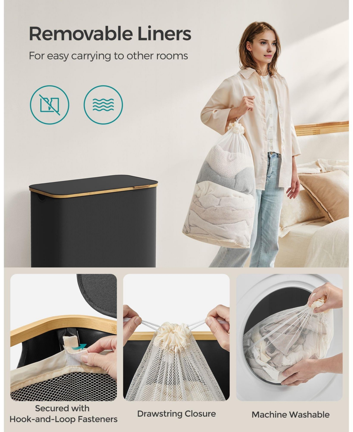 Slickblue Laundry Hamper with Lid, Slim Laundry Basket, Removable Mesh Liner, Bamboo Handles, Collapsible