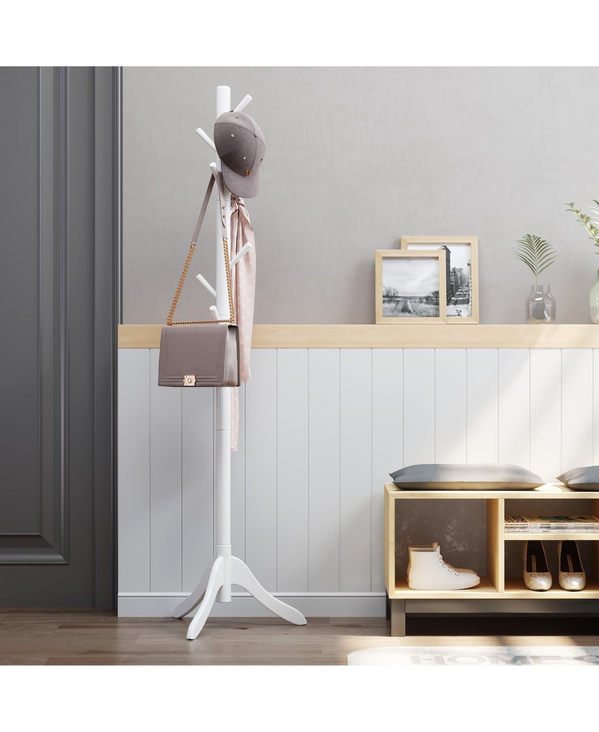 Slickblue Coat Rack With 8 Hooks, Rubber Wood Coat Tree Free Standing, For Clothes, Hats, Handbags, Umbrella