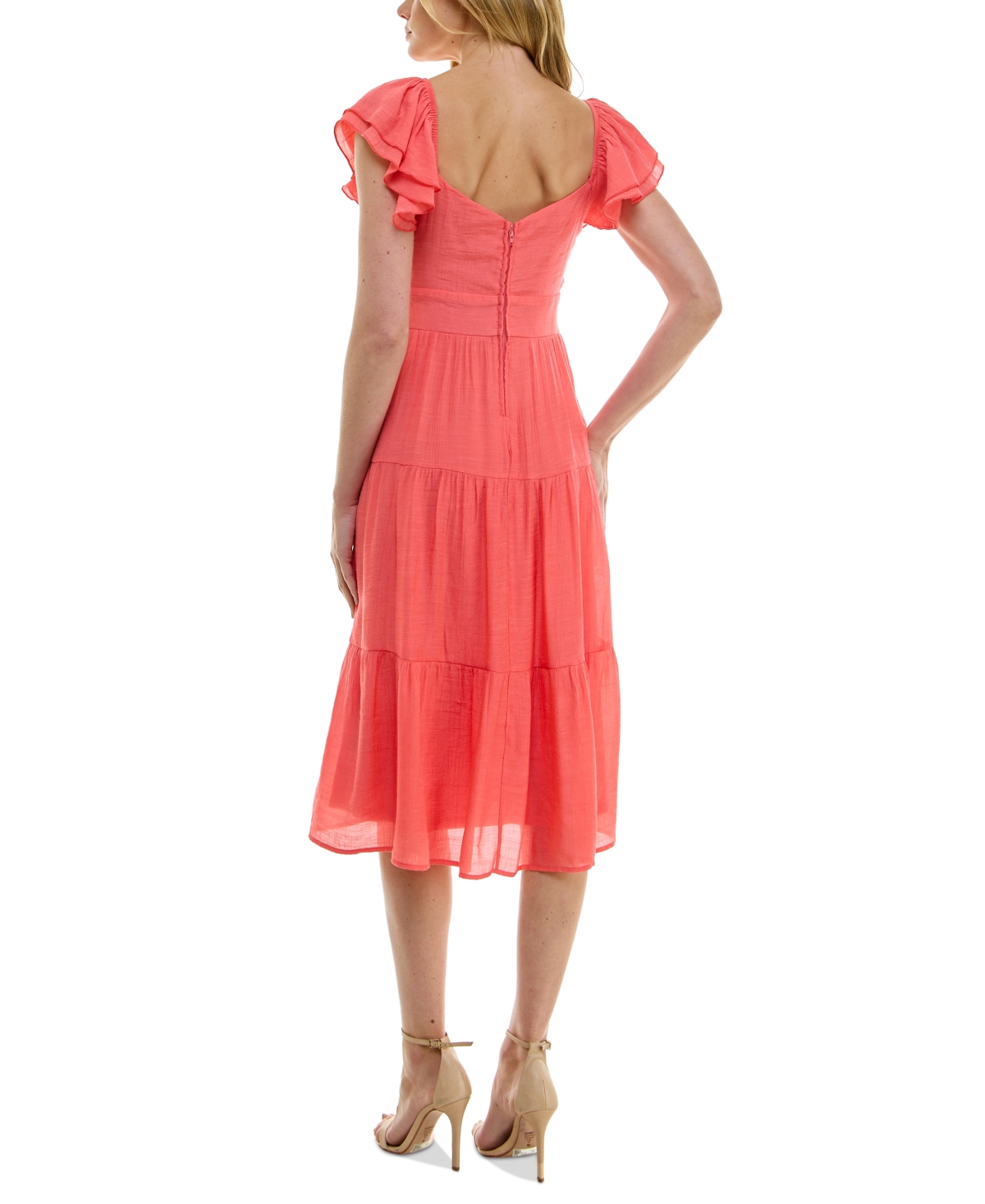 Shop Trixxi Juniors' V-neck Tiered-ruffle-sleeve Midi Dress In Coral