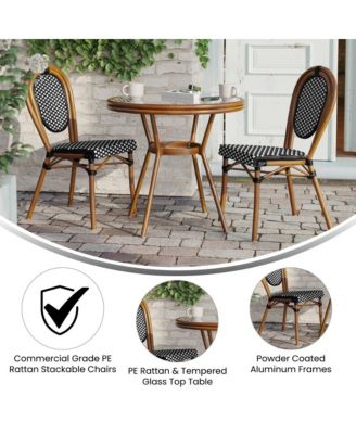 Celia Bistro Style Table With Glass Top, Pe Rattan, 2 Stack Chairs, And Bamboo Finished Metal Frame For Indoor/Outdoor Use