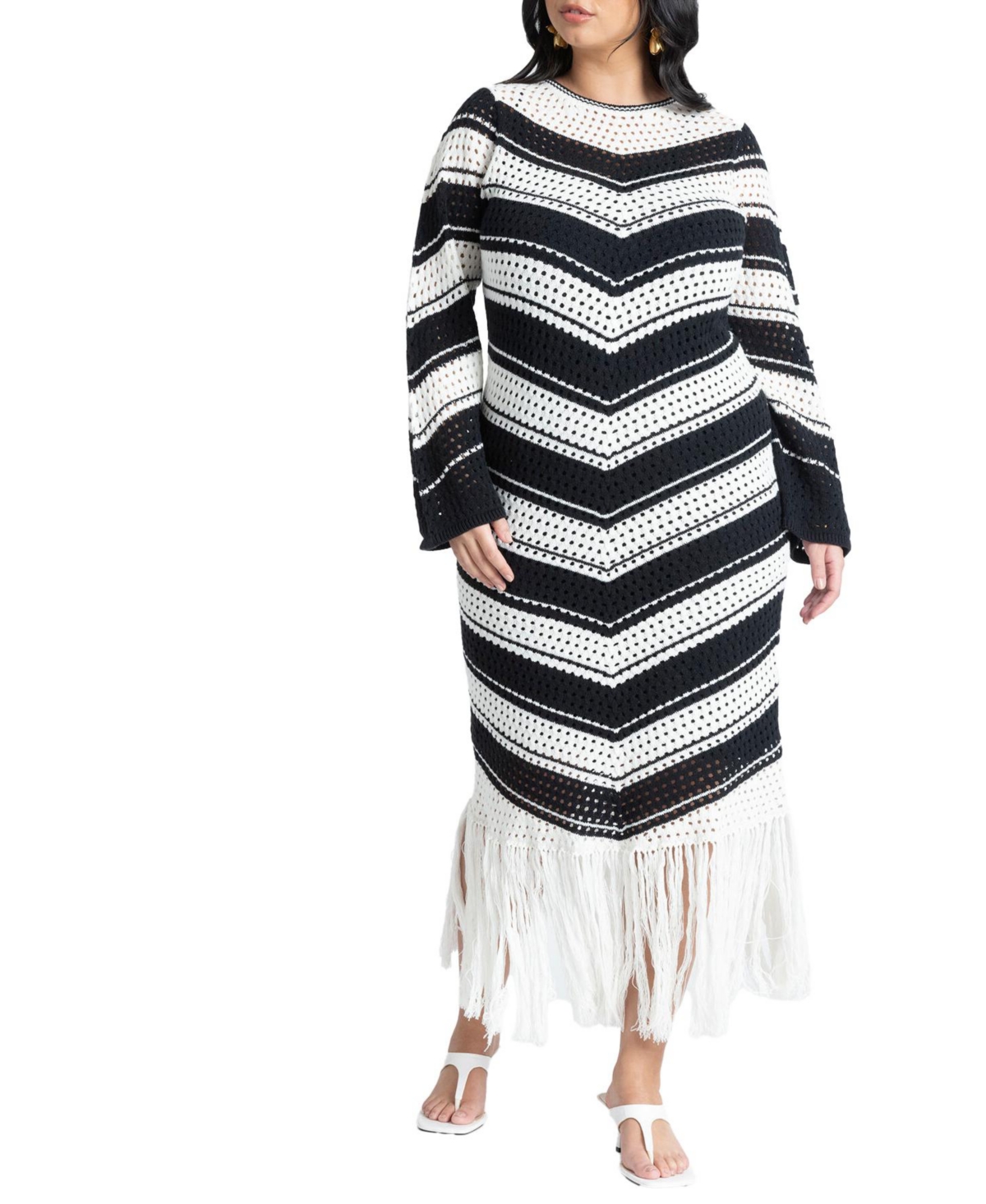 Plus Size Crochet Maxi Dress With Fringe - Charcoal pinstripe