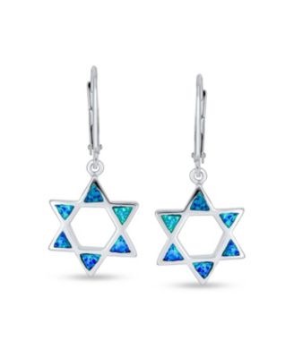 Created Blue Opal Religious Judaica Magen Hanukkah Star Of David Leverback Dangle Earrings Bat Mitzvah Sterling Silver