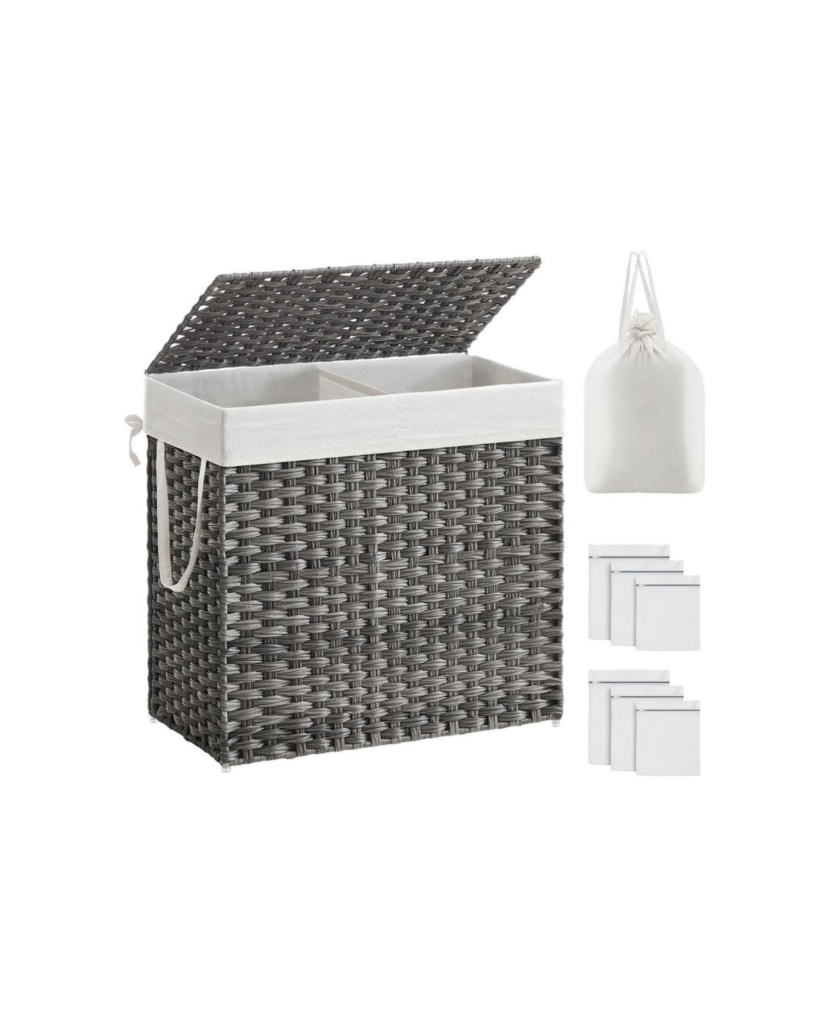 Synthetic Rattan Laundry Hamper with Lid, 2 Sections Removable Liner Bag - Grey
