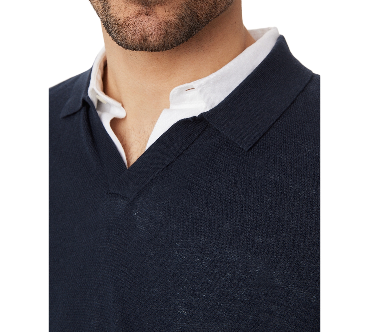 Frank and Oak Men's Slim Fit Short Sleeve Textured Open Collar Polo Sweater