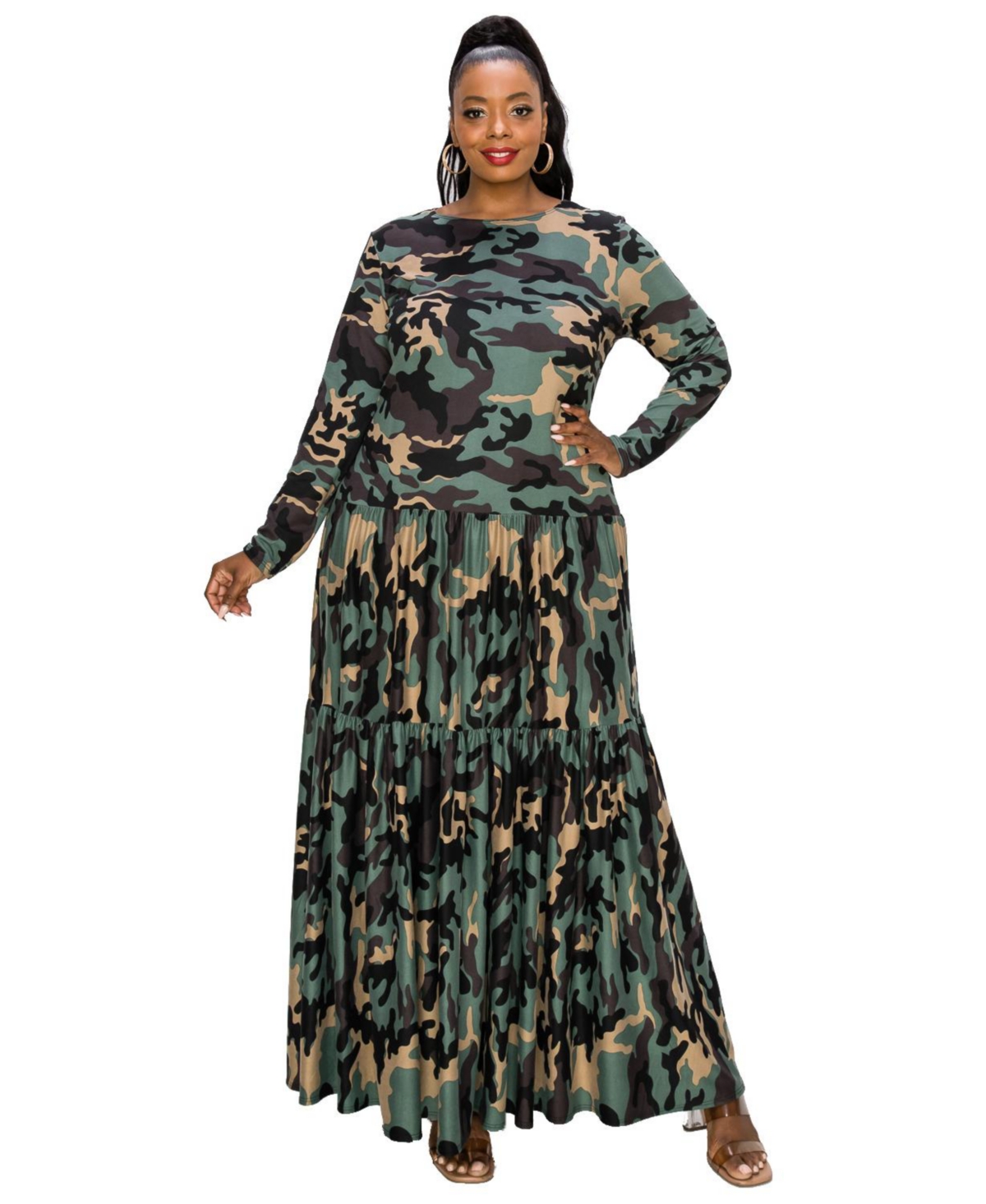 Plus Size Silvestra Camo Tiered Maxi Dress - Olive taupe