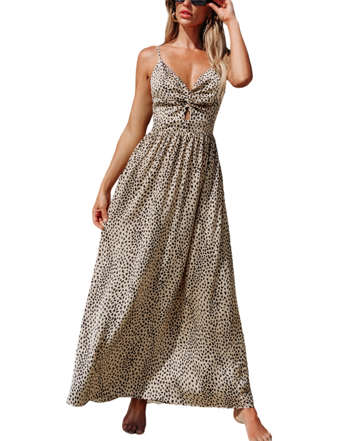 Women's Leopard Print Knotted V-Neck Maxi Beach Dress - Beige/khaki