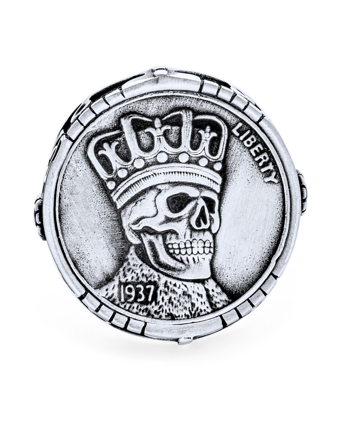 Bling Jewelry Statement Eagle Head Liberty 1937 Coin Novelty as Men's Biker Jewelry Gothic Crown Skull Ring Oxidized Sterling- Silver