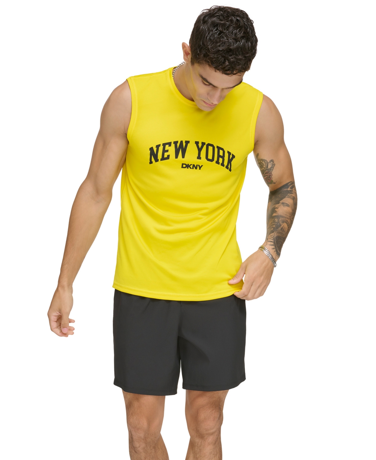 Shop Dkny Men's New York Arch Logo Sleeveless Rash Guard Tank In Yellow
