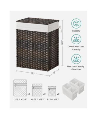 Synthetic Rattan Laundry Hamper with Lid, 2 Sections Removable Liner Bag
