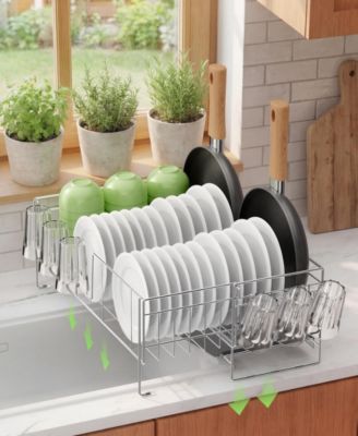 Expandable Kitchen Counter Stainless Steel Large Dish Drying Rack with Cutlery Box and Cup Knife Holder