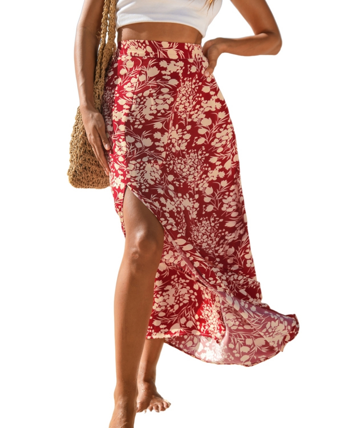Women's Red & Yellow Floral Maxi Skirt - Brown