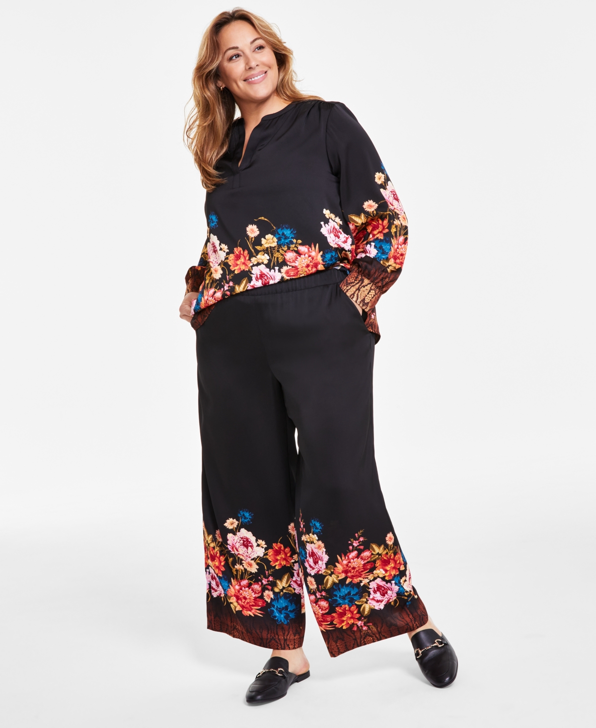 Jm Collection Plus Size Floral-Print Satin Pants, Created for Macy's