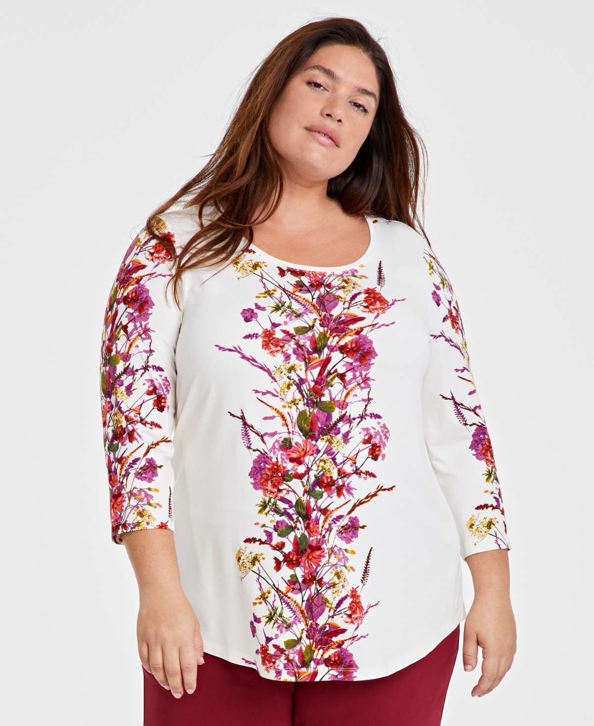 Jm Collection Plus Size Printed 3/4-Sleeve Top, Created for Macy's