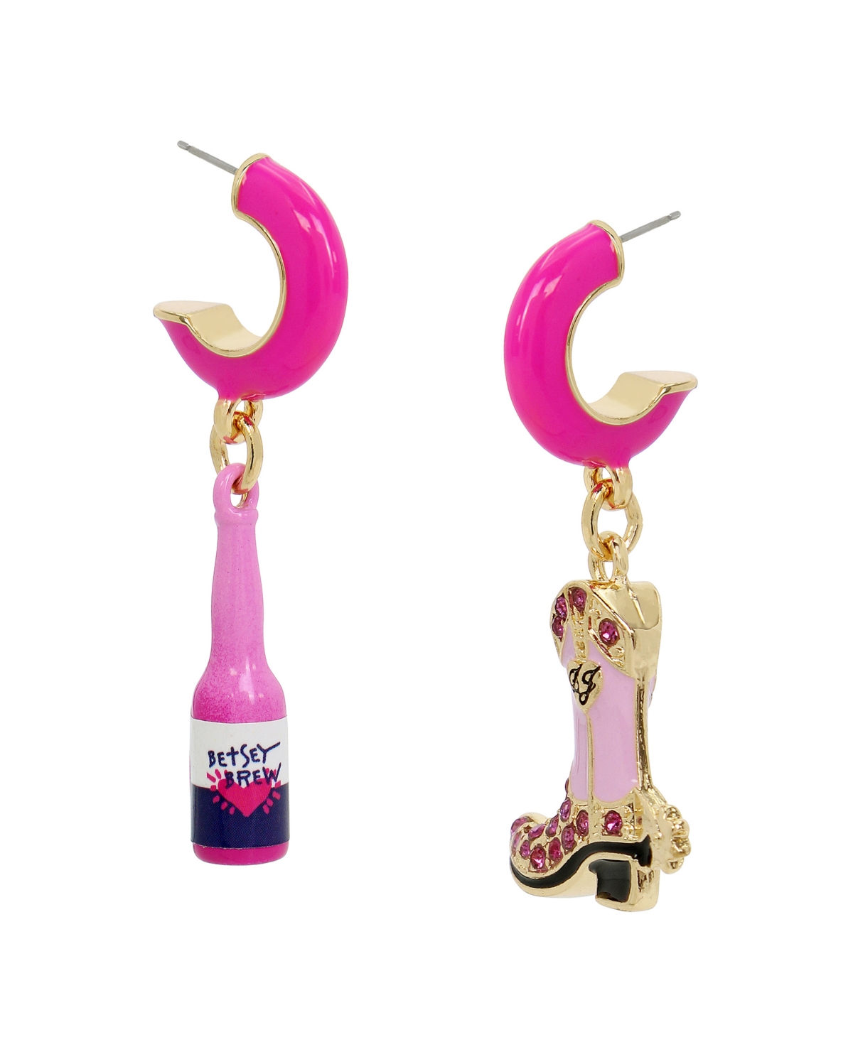 Shop Betsey Johnson Faux Stone Cowgirl Mismatch Charm Huggie Earrings In Pink