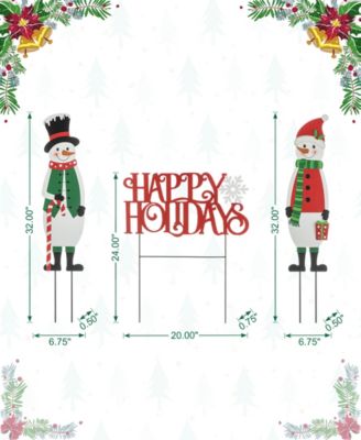 32"H Set of 3 Christmas Metal Snowman and HAPPY HOLIDAYS Yard Stake