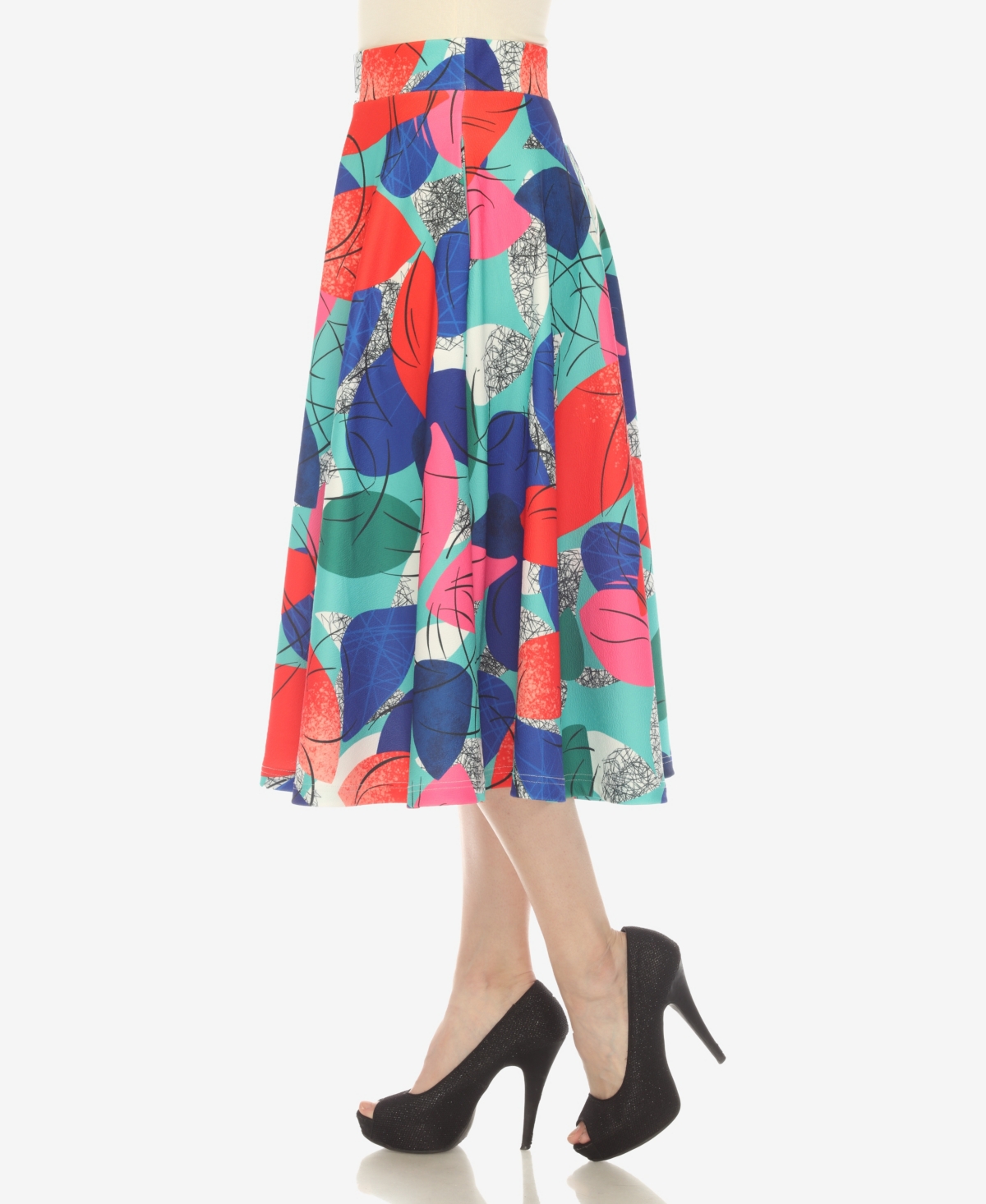 White Mark Women's Leaf Print Vintage Flared Midi Skirt In Red