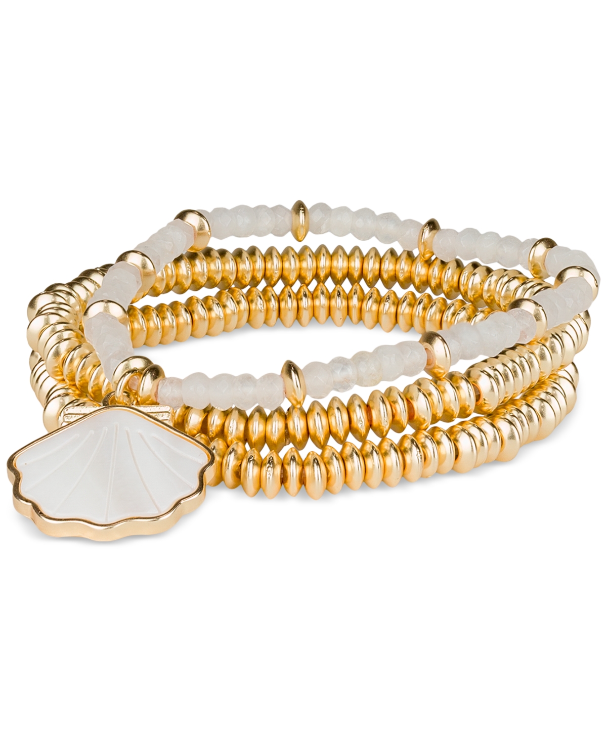 Gold-Tone 3-Pc. Set Mother-of-Pearl Shell Charm Beaded Stretch Bracelets - Matte Gold