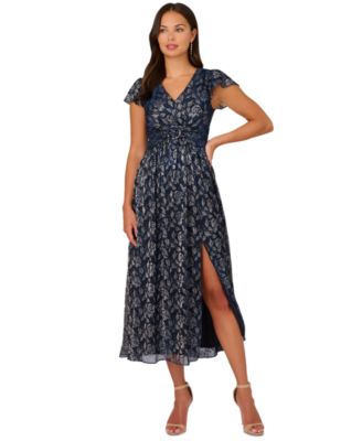 Adrianna Papell - Petite Metallic-Print Crinkle Belted Dress