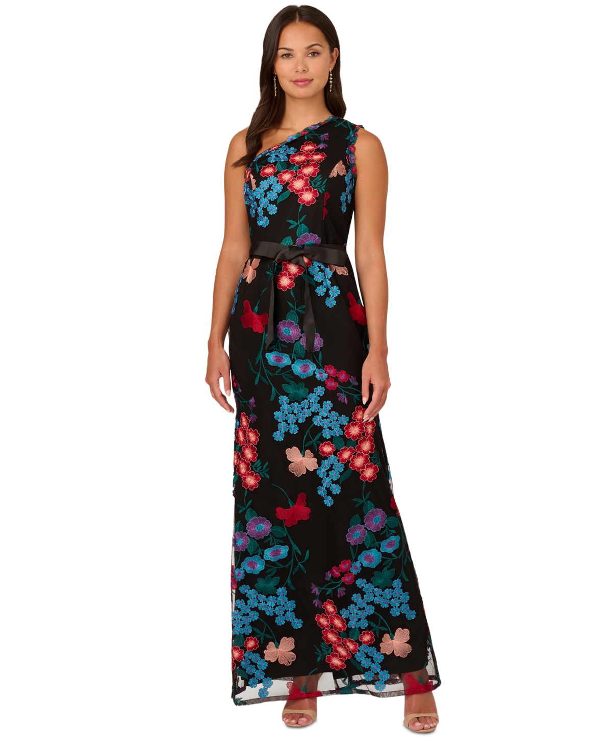 Women's One-Shoulder Embroidered Gown - Black Multi