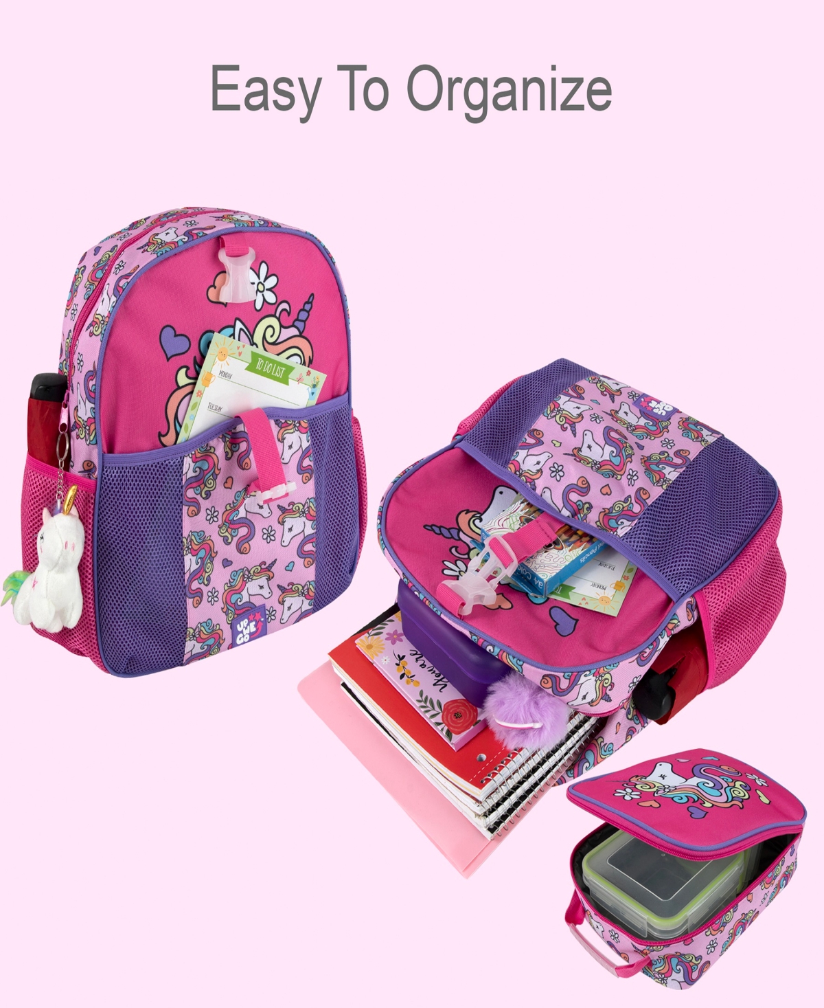 Unicorn 3 Pc Toddler Girl  Backpack And Lunch Bag Set In Pink