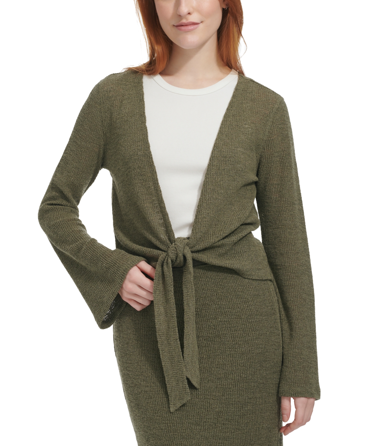 Marc New York Andrew Marc Sport Women's Tie-front Bell-sleeve Cardigan In Dusty Olive