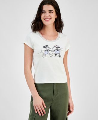 Disney - Juniors' Mickey & Minnie Lace-Trim T-Shirt