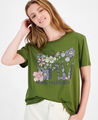 Love Tribe - Juniors' Cotton Music Floral Crewneck Tee