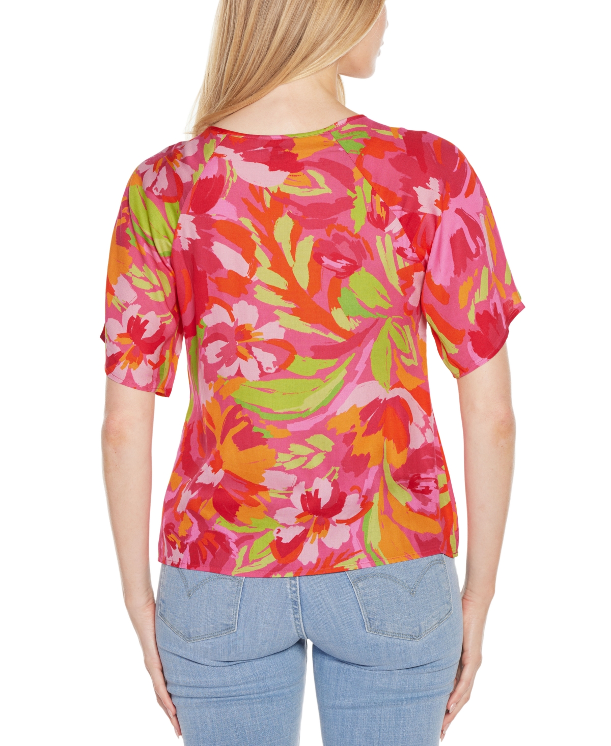 Shop Belldini Women's Abstract Floral Cutout Detail Top In Pink Combo