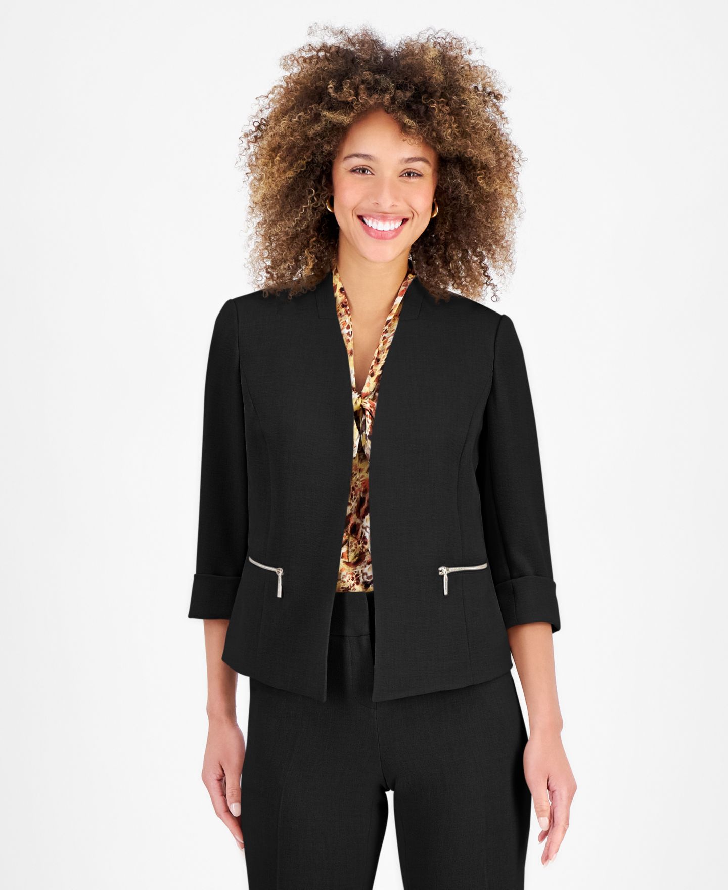 Женский пиджак Kasper Stretch Crepe Collarless ¾-Sleeve Blazer, Regular & Petite, цвет: Чёрный — фото 1