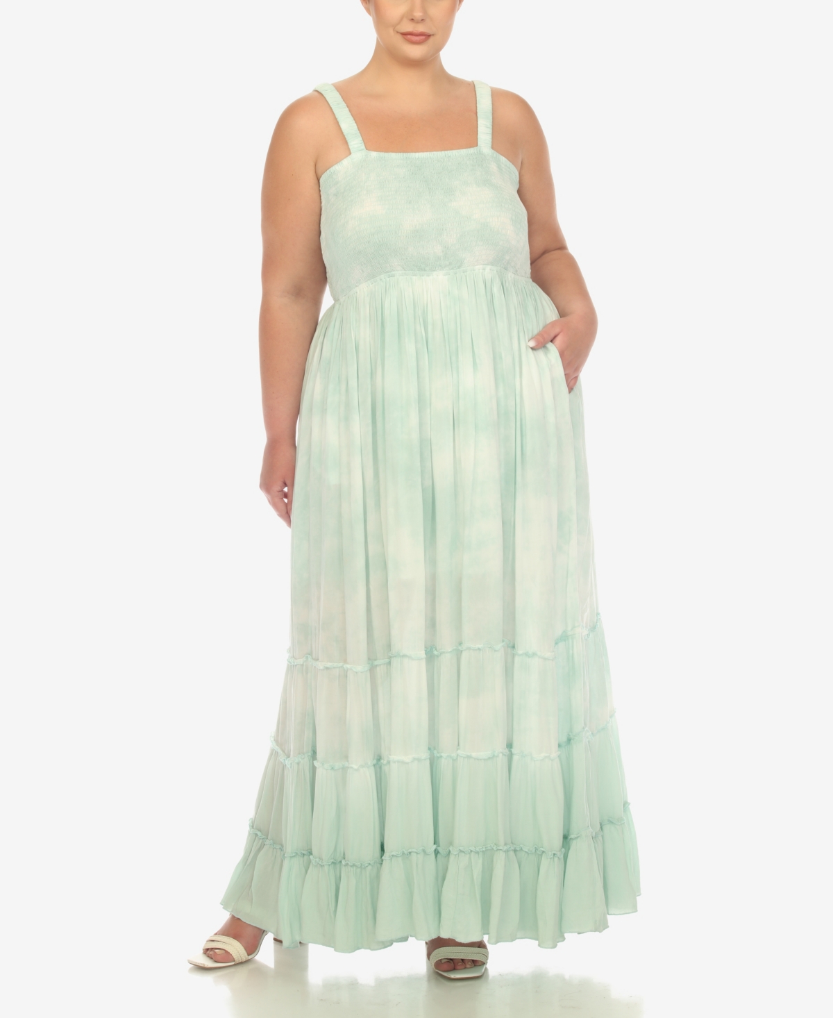 White Mark Plus Size Smocked Ruffle Maxi Dress In Green