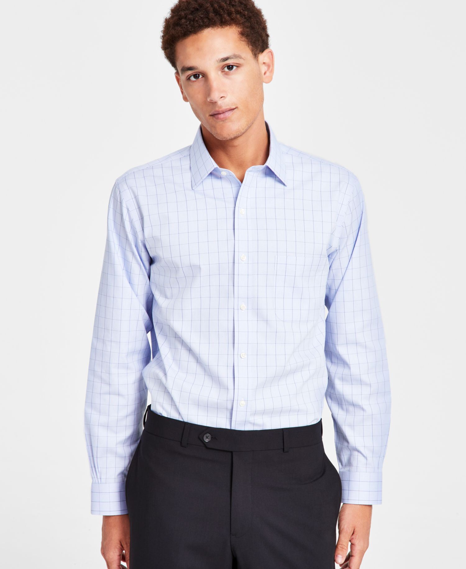 Men’s Regular Fit Non-Iron Spread Collar Check Pinpoint Dress Shirt