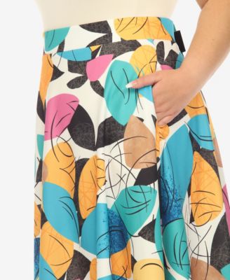 Plus Size Leaf Print Vintage Flared Midi Skirt