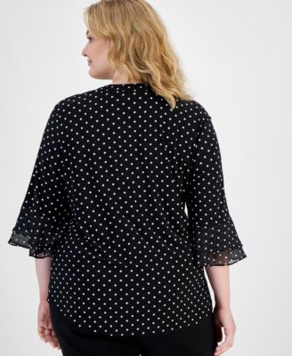 Plus Size Dot-Print Flutter-Sleeve Blouse