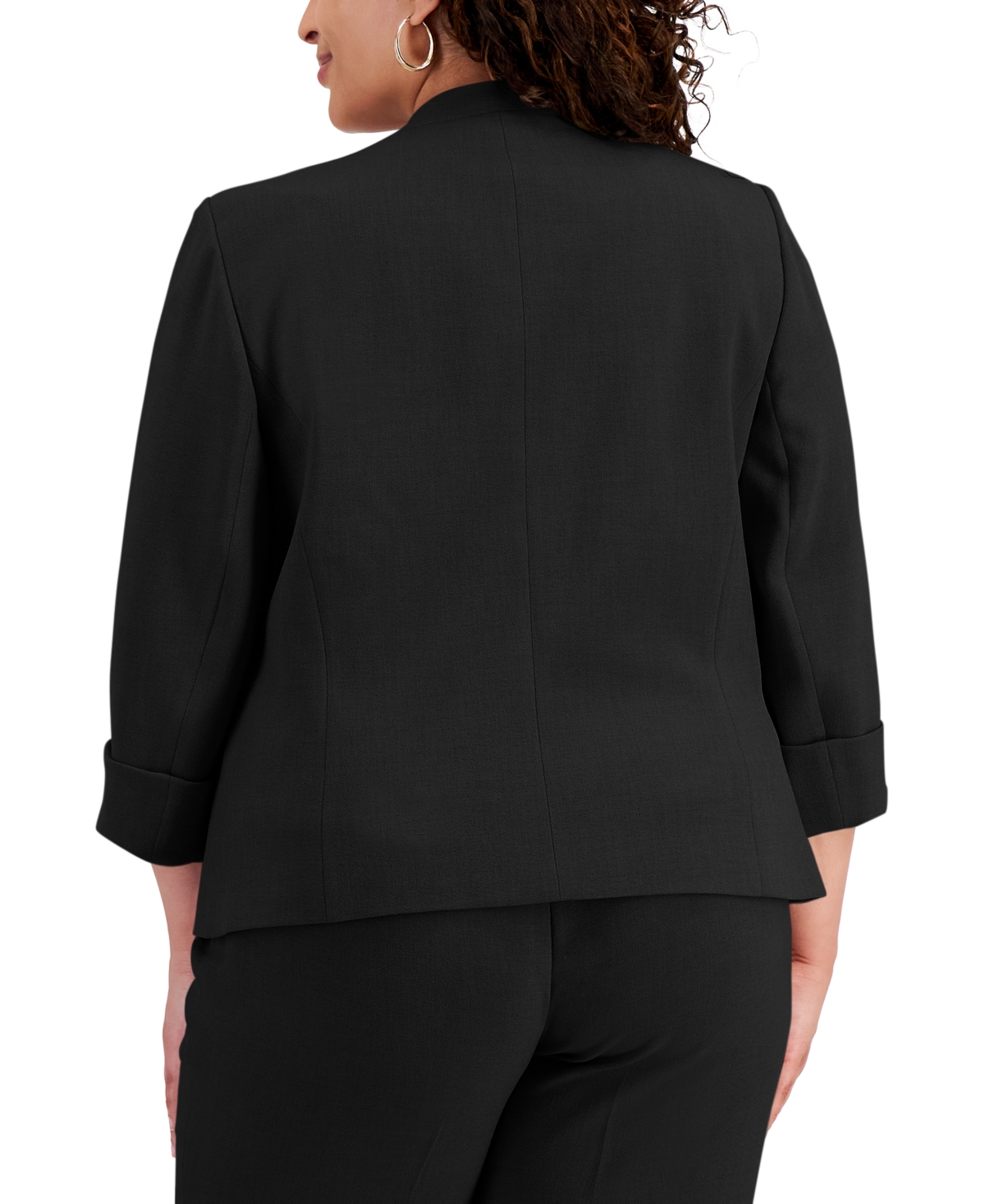 Kasper Petite Stretch-crepe Zipper-pocket Open-front Cuffed Blazer In Black