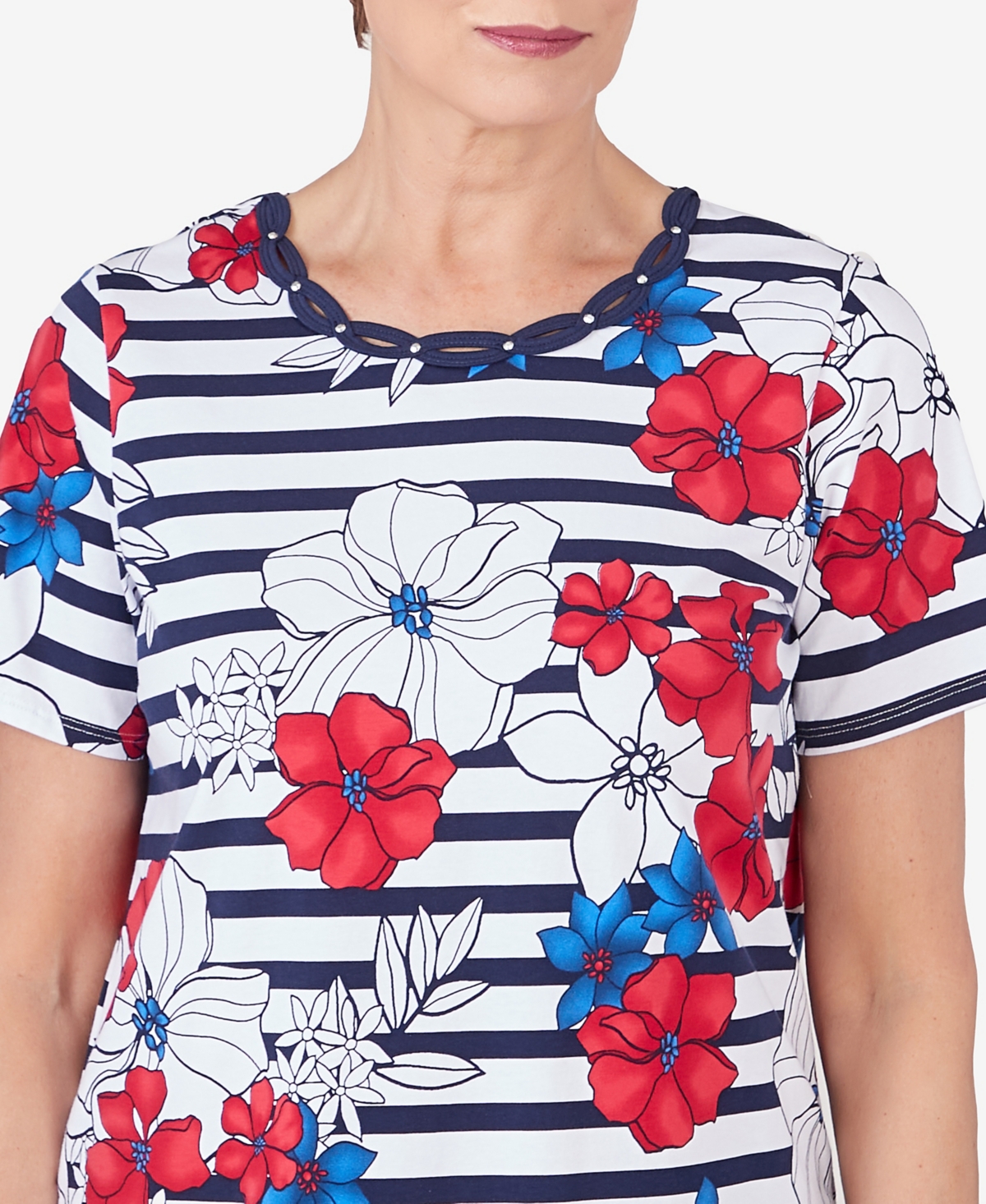Alfred Dunner Plus Size Floral Stripe Braided Neck Tee In Multi