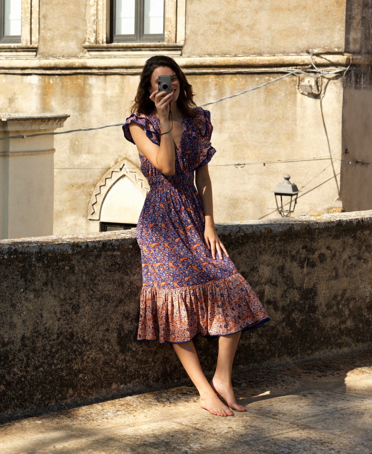 Shop French Connection Women's Printed Ruffled Sleeveless Midi Dress In Royal Blue